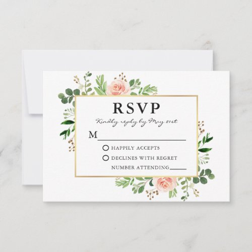 Watercolor Greenery Pink Roses Gold Wedding RSVP Card
