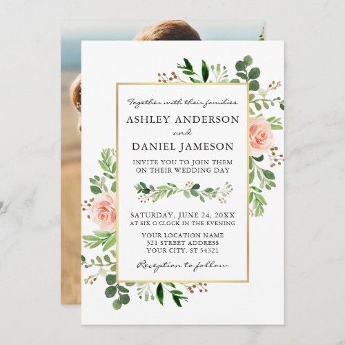 Watercolor Greenery Pink Roses Photo Back Wedding Invitation