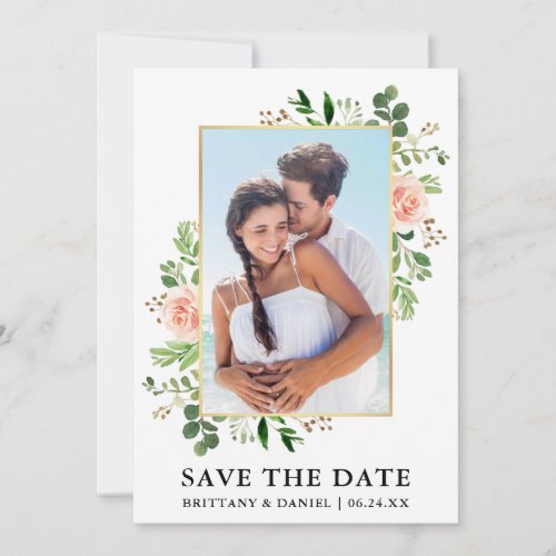 Watercolor Greenery Pink Roses Save The Date Card