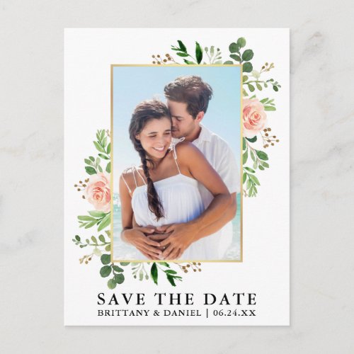 Watercolor Greenery Pink Roses Save The Date Postcard