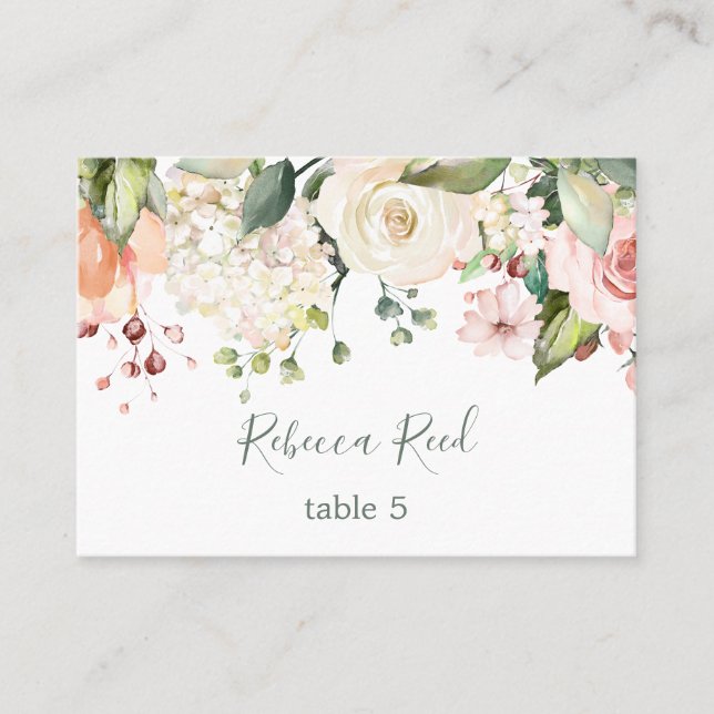 Watercolor greenery, pink roses table place card (Front)