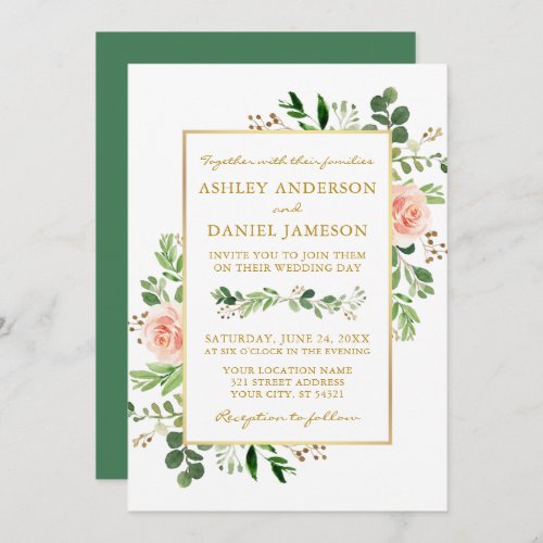Watercolor Greenery Pink Roses Wedding Gold Invitation