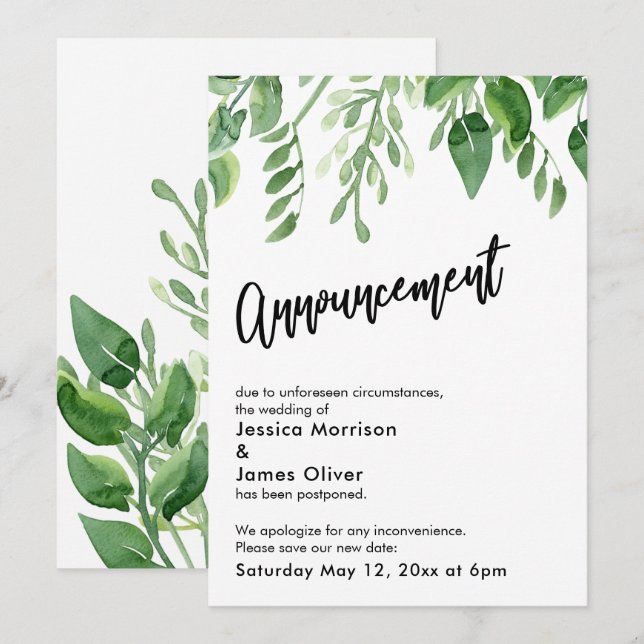 Watercolor Greenery Postponed Wedding Announcement (Front/Back)