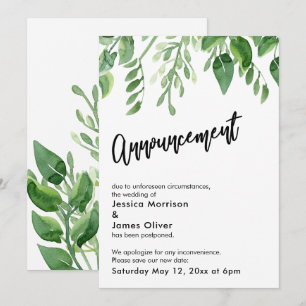 Watercolor Greenery Postponed Wedding Announcement