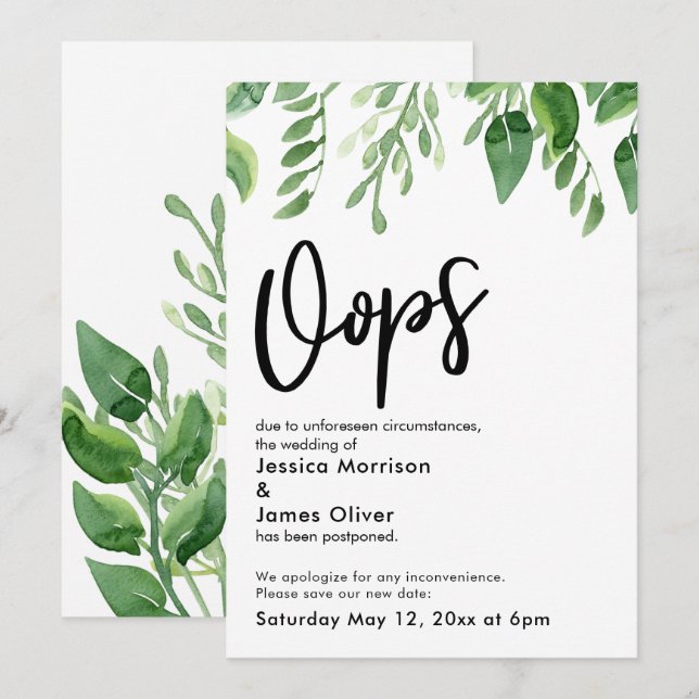 Watercolor Greenery Postponed Wedding "Oops" Card (Front/Back)