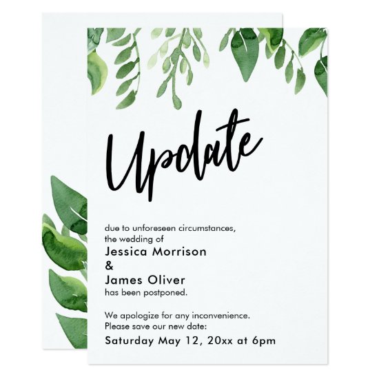 Watercolor Greenery Postponed Wedding Update Card