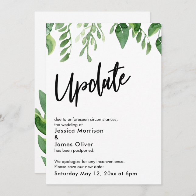 Watercolor Greenery Postponed Wedding Update Card (Front/Back)