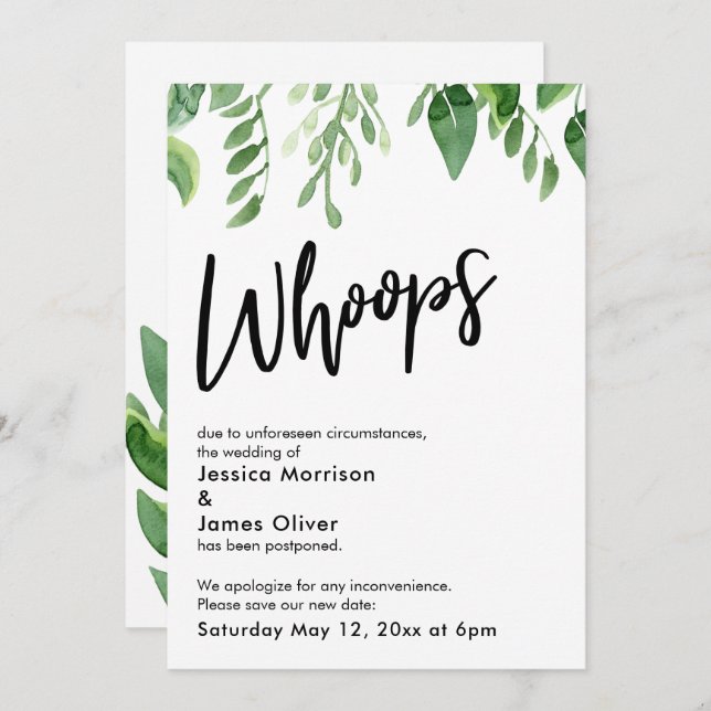 Watercolor Greenery Postponed Wedding Whoops Card (Front/Back)