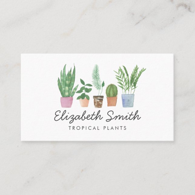 Watercolor Greenery Potted Houseplants Nursery  Business Card (Front)