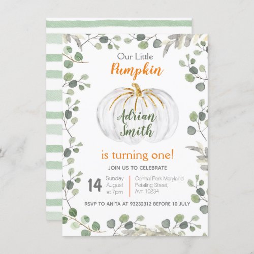 Watercolor Greenery Pumpkin 1st Birthday Invitation