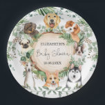 Watercolor Greenery Puppy Dog Baby Shower Pawty Paper Plates<br><div class="desc">This design features rustic watercolor botanical greenery and adorable puppies</div>