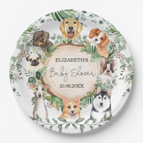 Watercolor Greenery Puppy Dog Baby Shower Pawty Paper Plates