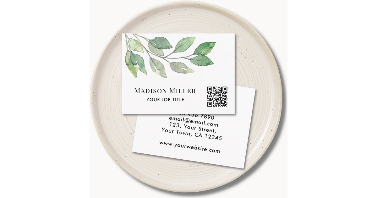 Watercolor Greenery QR Code Business Card | Zazzle