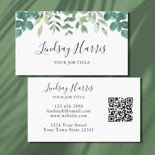 Watercolor Greenery QR Code Business Card | Zazzle