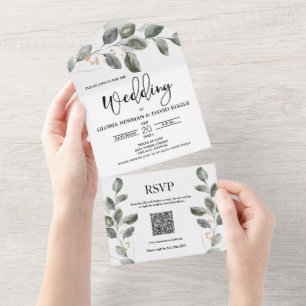 Watercolor Greenery QR Code Wedding All In One Invitation