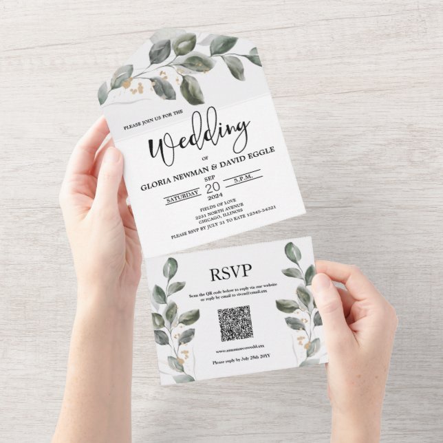 Watercolor Greenery QR Code Wedding All In One Invitation (Tearaway)