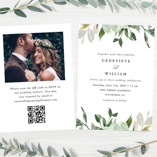 Watercolor Greenery QR Photo Wedding Invitation