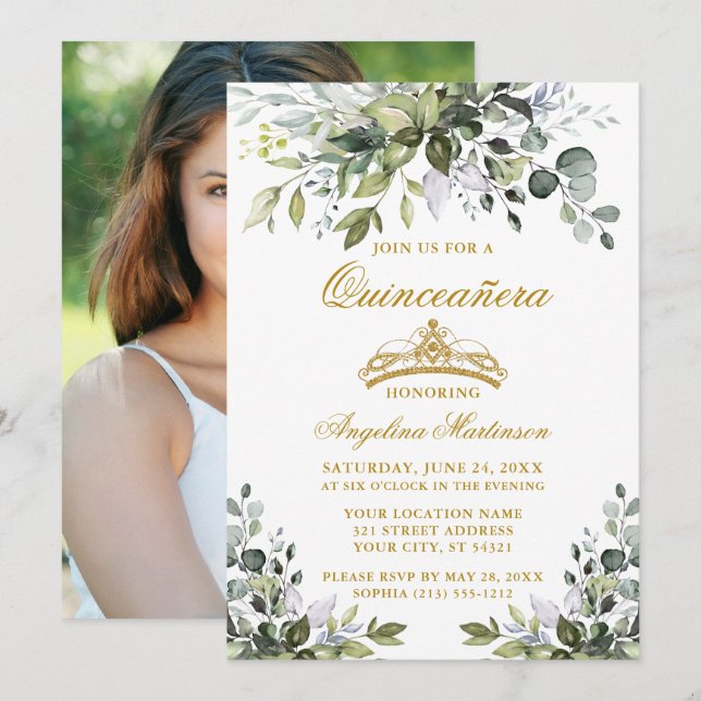 Watercolor Greenery Quinceañera Gold Photo Back Invitation (Front/Back)