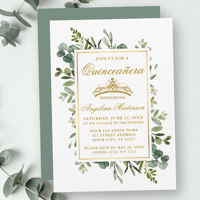 Watercolor Greenery Quinceanera Gold Sage Green Invitation (Customize to change text color, style, add text & photos to back or change color of back of card.)