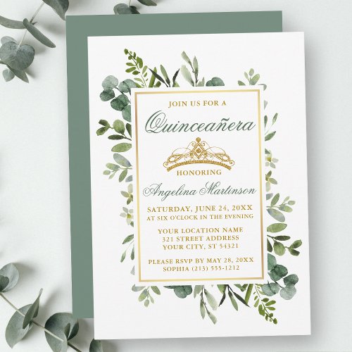 Watercolor Greenery Quinceanera Sage Green Gold Invitation