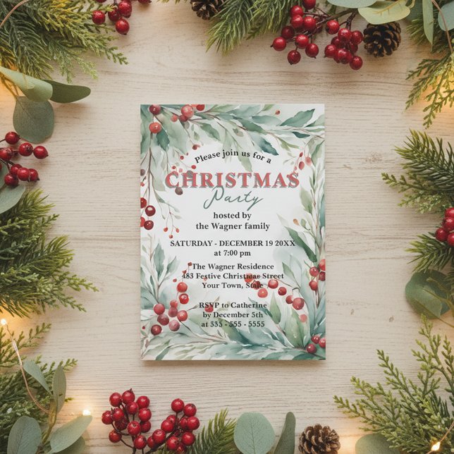 Watercolor Greenery & Red Berries Christmas Party  Invitation (Creator Uploaded)