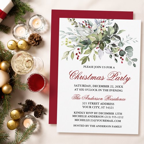 Watercolor Greenery Red Berries Christmas Party Invitation