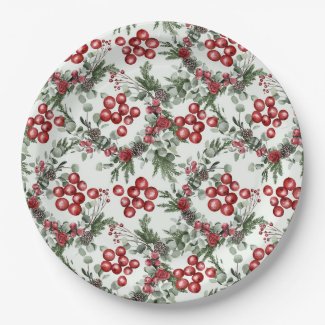 Watercolor Greenery Red Berries Christmas Pattern