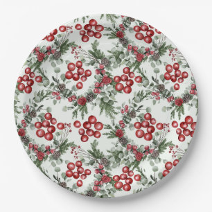 Watercolor Greenery Red Berries Christmas Pattern Paper Plates