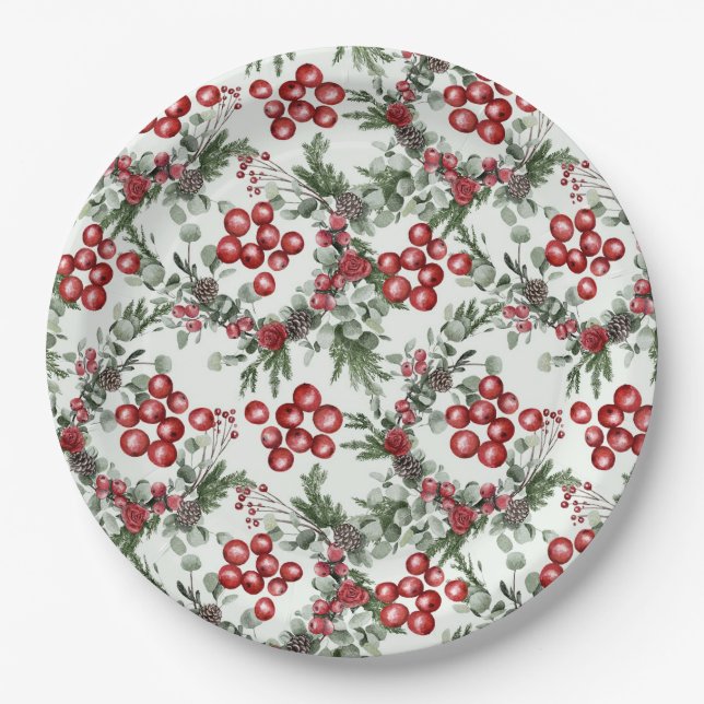 Watercolor Greenery Red Berries Christmas Pattern Paper Plates (Front)