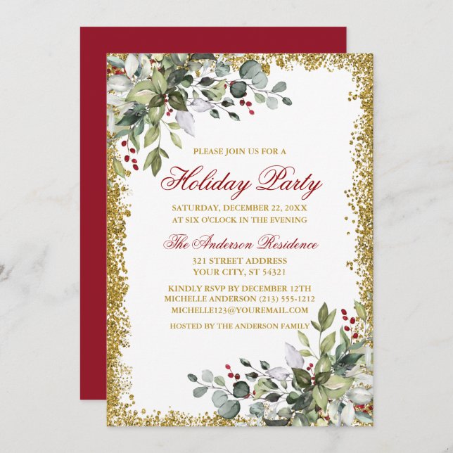 Watercolor Greenery Red Berries Glitter Holiday  Invitation (Front/Back)