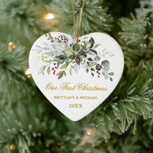 Watercolor Greenery Red Berries Gold Heart Couple Ceramic Ornament