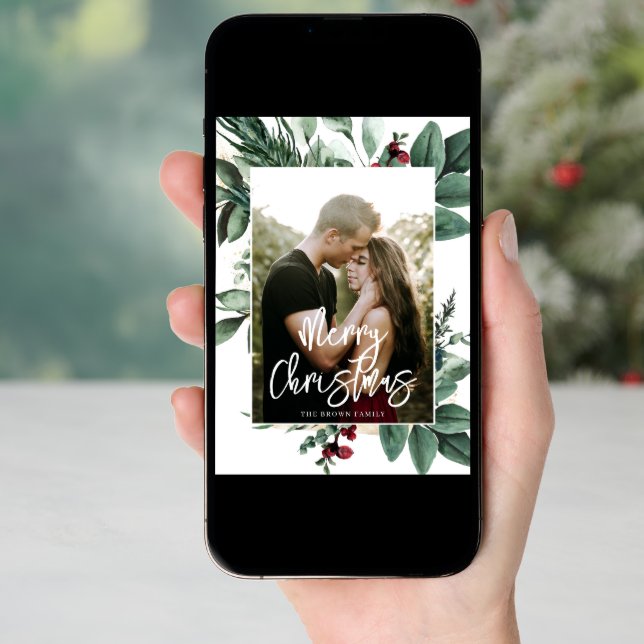 Watercolor Greenery Red Berries Photo Holiday Card (Front Digital)