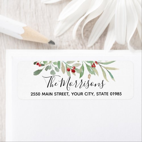 Watercolor Greenery Red Berries Return Address Label