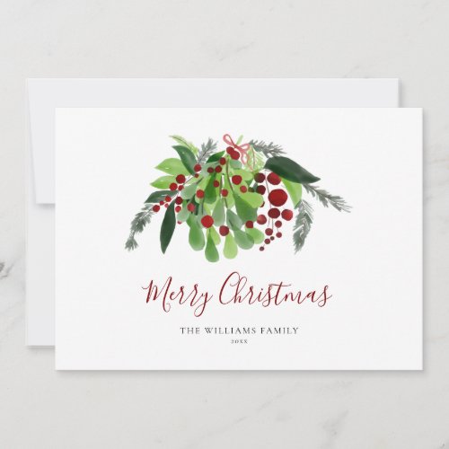 Watercolor Greenery Red Berries Script Christmas  Holiday Card