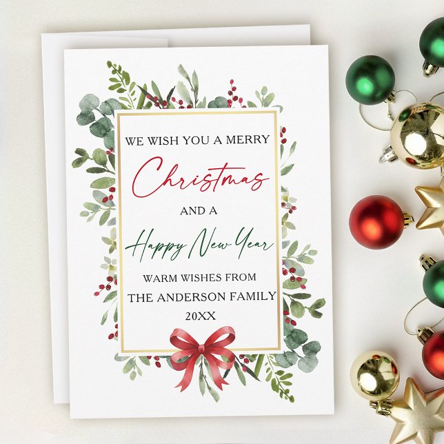 Watercolor Greenery Red Bow Christmas New Year Holiday Card (Customize to add text to back of card.)