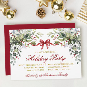 Watercolor Greenery Red Bow Holiday Party Gold Invitation