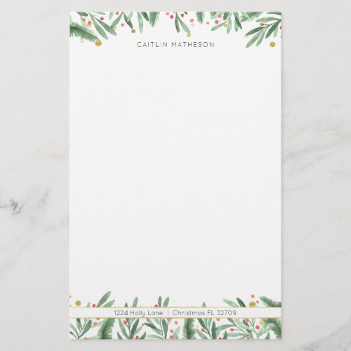 Watercolor Greenery Red  Gold Christmas Holiday Stationery