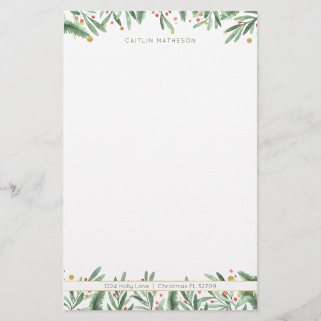 Watercolor Greenery Red + Gold Christmas Holiday Stationery (Front)