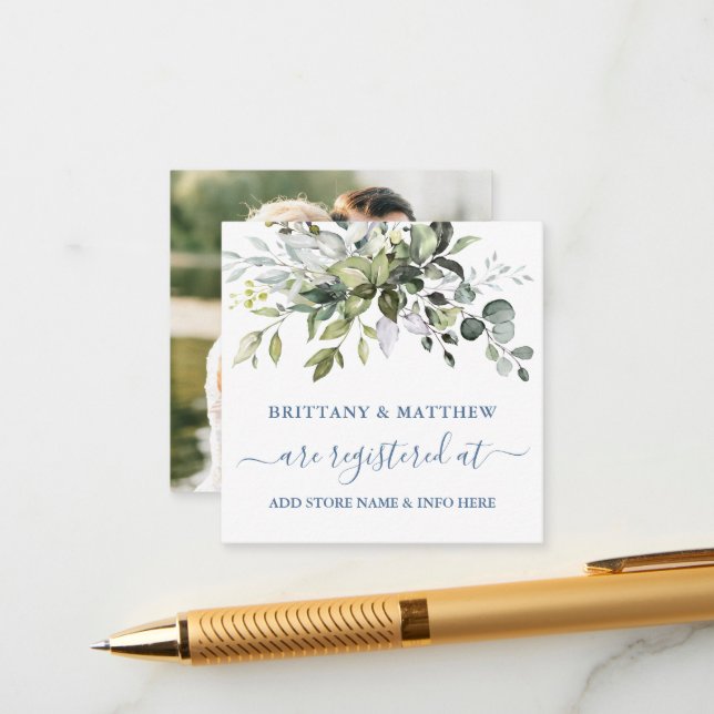 Watercolor Greenery Registry Photo Dusty Blue Enclosure Card (Front/Back In Situ)
