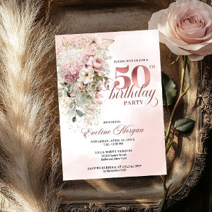 Watercolor Greenery Rose Gold 50th Birthday Invite