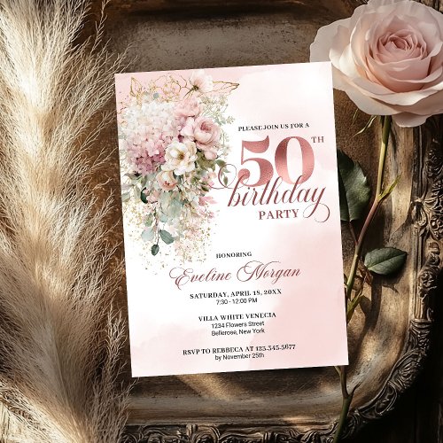 Watercolor Greenery Rose Gold 50th Birthday Invite