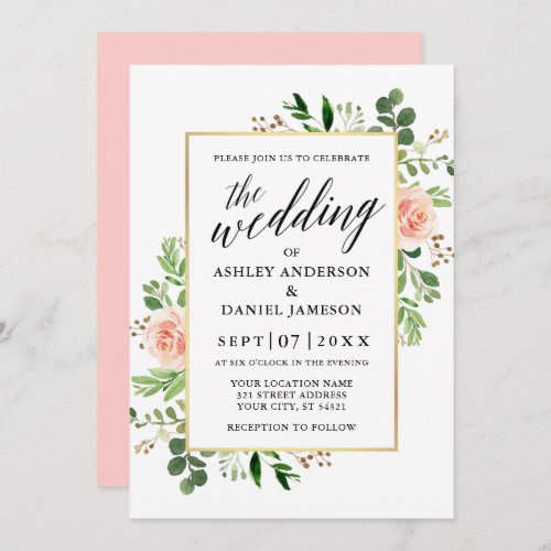 Watercolor Greenery Roses Calligraphy Wedding Invitation