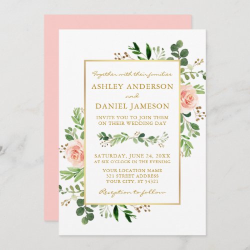 Watercolor Greenery Roses Pink Blush Wedding Gold Invitation