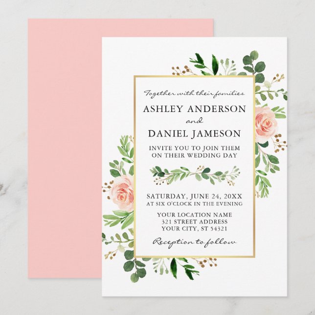 Watercolor Greenery Roses Pink Blush Wedding Invitation (Front/Back)
