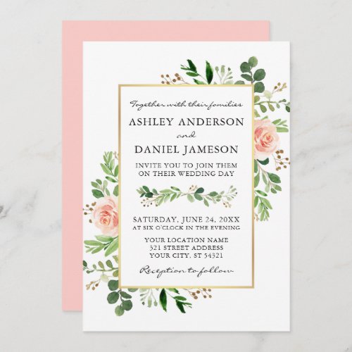 Watercolor Greenery Roses Pink Blush Wedding Invitation