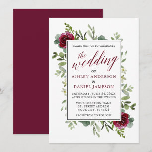 Watercolor Greenery Roses Wedding Burgundy Invitation