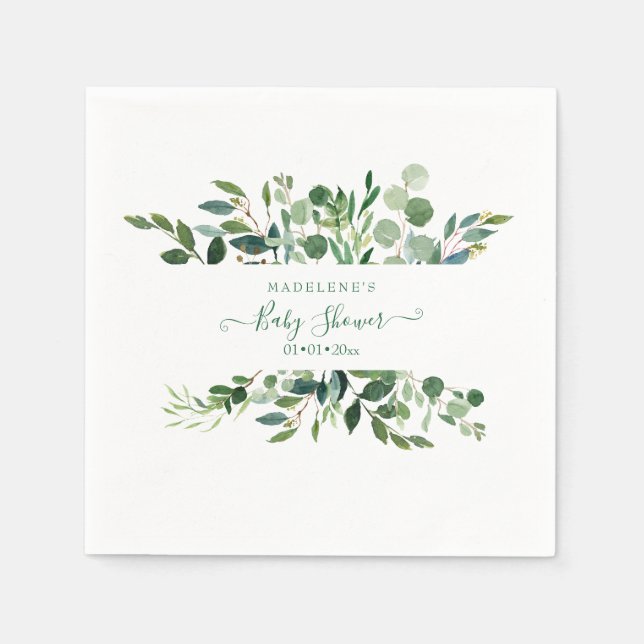 Watercolor Greenery, Rustic Eucalyptus Baby Shower Napkins (Front)