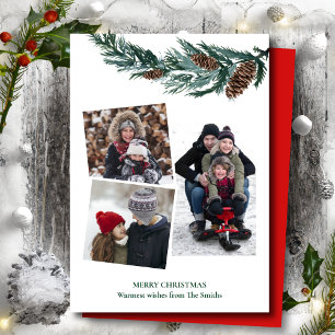 Watercolor Greenery Rustic Green Pine Cone Bough Holiday Card