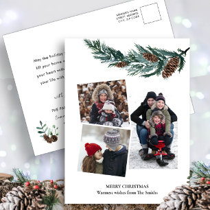 Watercolor Greenery Rustic Green Pine Cone Bough Holiday Postcard