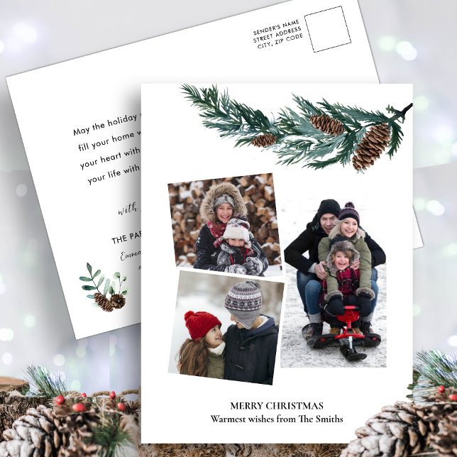 Watercolor Greenery Rustic Green Pine Cone Bough Holiday Postcard (Creator Uploaded)